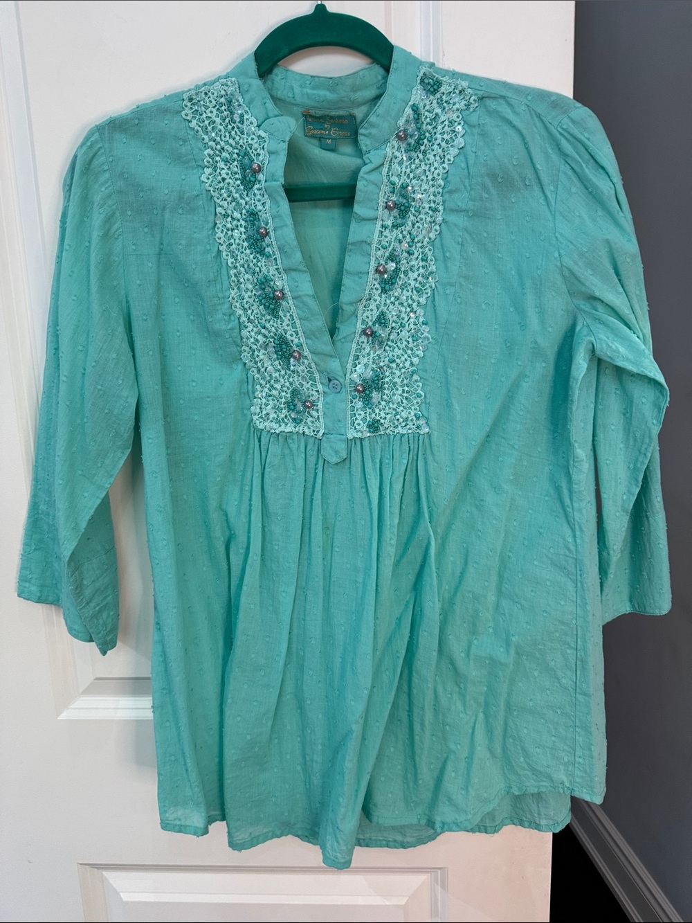 Light Teal Lace-Trim Peasant Tunic Top